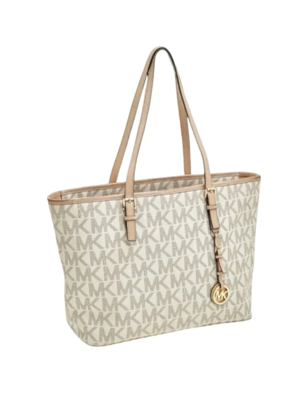 Michael Kors  Jet Set Med Logo Top Zip Tote Handbag  Vanilla Natural Leather 